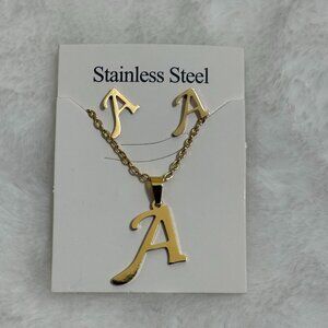 Gold Tone Initial "A" Necklace & Stud Earrings Set Stainless Steel NEW